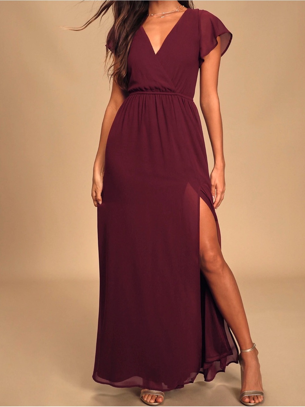Lost in the Moment Burgundy Maxi Dress side slit S flutter sleeve bridesmaid